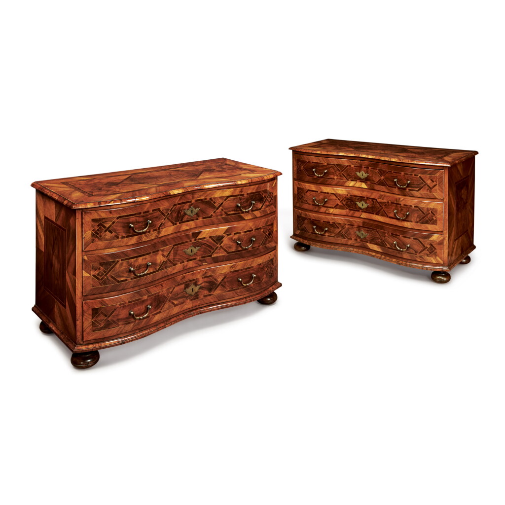 View full screen - View 1 of Lot 280. A PAIR OF SOUTH GERMAN ROCOCO WALNUT AND FRUITWOOD INLAID COMMODES, MID-18TH CENTURY.