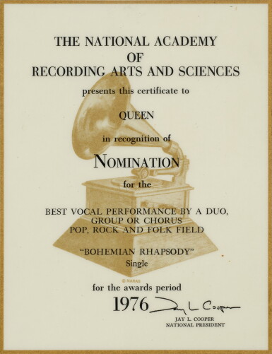 View full screen - View 1 of Lot 182. Queen | Grammy nomination plaque for 'Bohemian Rhapsody', 1976.