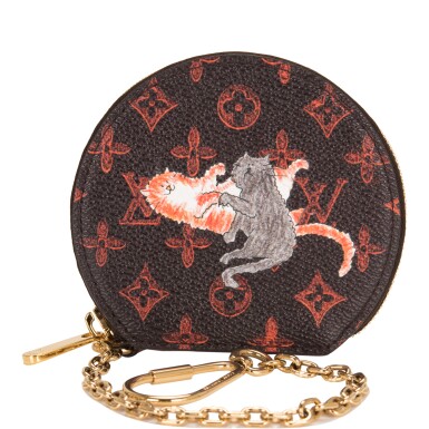 View full screen - View 1 of Lot 194. Louis Vuitton x Grace Coddington "Catogram" Micro Boite Chapeau of Red and Black Monogram Coated Canvas and Calfskin Leather Trim with Gold Tone Hardware.