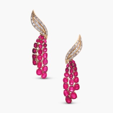 View full screen - View 1 of Lot 564. Pair of Ruby and Diamond Pendent Earclips.