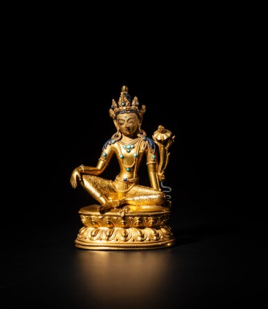 View full screen - View 1 of Lot 1. A turquoise-inlaid gilt-copper alloy figure of Avalokiteshvara, Tibet, 15th century | 十五世紀 藏傳銅鎏金嵌綠松石觀音坐像.