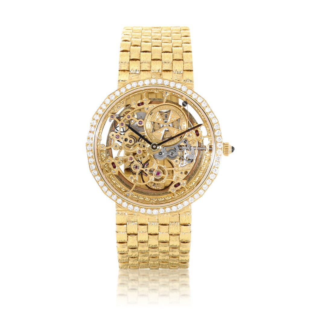 View full screen - View 1 of Lot 9324. Vacheron Constantin | Reference 43502/1, A yellow gold and diamond-set skeletonised bracelet watch, Circa 1990 | 江詩丹頓 | 型號43502/1 黃金鑲鑽石鏤空鏈帶腕錶,約1990年製.