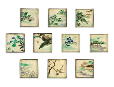 View full screen - View 1 of Lot 2067. A set of ten enamelled stoneware dishes, Signed on the base Kenzan (Ogata Kenzan, 1663-1743), Kenzan ware, Kyoto, Edo period, 18th century | 尾形乾山 色絵絵替角皿 10各 江戸時代中期 18世紀前半.