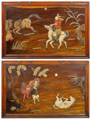 View full screen - View 1 of Lot 422. A pair of soapstone-inlaid hardwood panels, Qing dynasty, 19th century | 清十九世紀 硬木嵌壽山石人物故事圖掛屏一對.