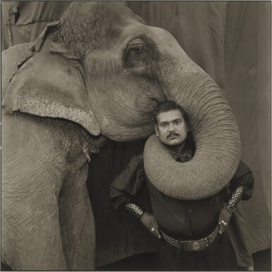 View full screen - View 1 of Lot 132. 'Ram Prakash Singh with His Elephant Shyama, Great Golden Circus, Ahmedabad, India' .