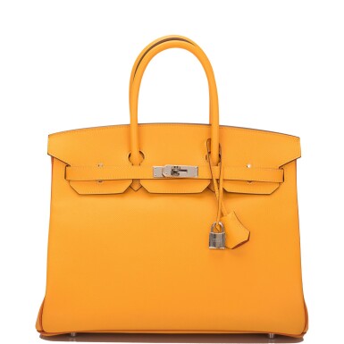 View full screen - View 1 of Lot 15. Hermès Horseshoe Stamped (HSS) Bi-color Jaune D'Or and Sanguine Birkin 35cm of Epsom Leather with Palladium Hardware.
