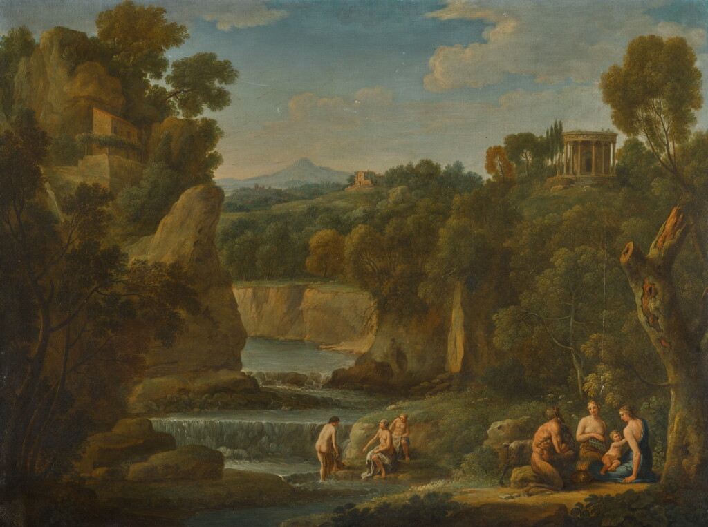 View full screen - View 1 of Lot 177. HENDRIK FRANS VAN LINT, CALLED LO STUDIO | A wooded arcadian landscape with a satyr and nymphs, with a distant view to the Temple of Vesta at Tivoli.
