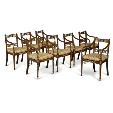 View full screen - View 1 of Lot 475. A Set of Eight Regency Polychrome-Painted And Parcel-Gilt Dining Chairs, Circa 1800.