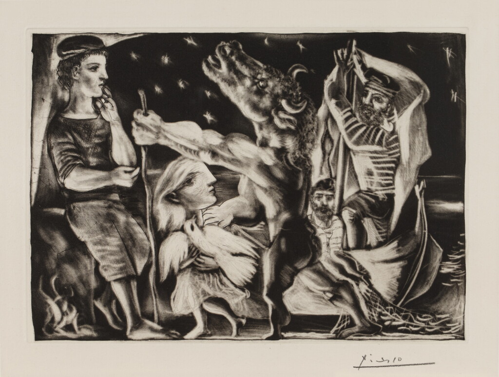 View full screen - View 1 of Lot 136. Minotaure aveugle guidé par une fillette dans la nuit, from the Vollard suite (Bloch 225; Baer 437).