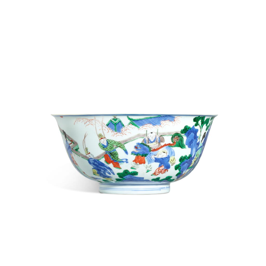 View full screen - View 1 of Lot 3351. A wucai 'ladies and children' bowl, Qing dynasty, Kangxi period | 清康熙 五彩仕女嬰戲圖盌 《大明成化年製》寄託款.