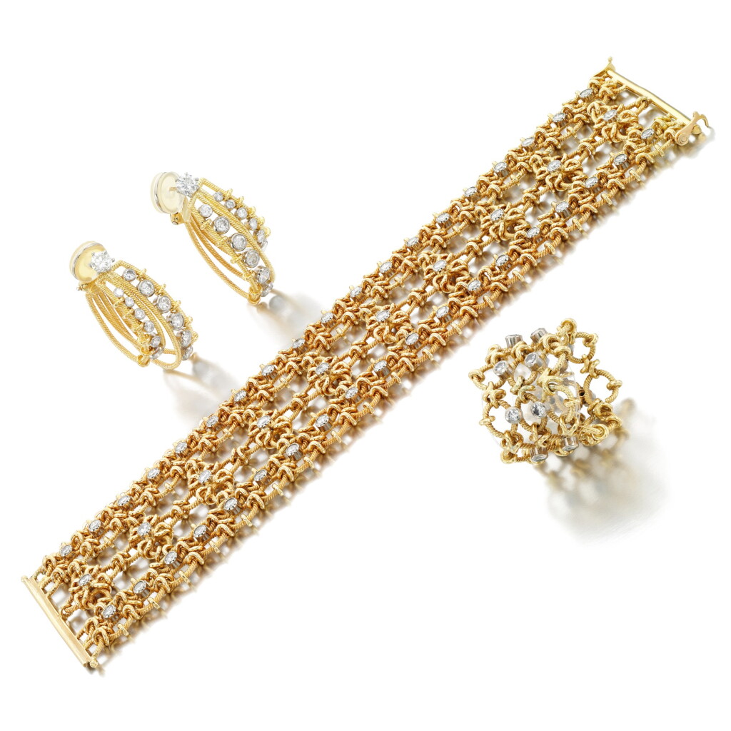 View full screen - View 1 of Lot 129. Diamond demi-parure and a pair of diamond earrings.