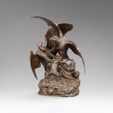 View full screen - View 1 of Lot 76. Deux aigles se disputant une proie | Two eagles fighting over an ibex.