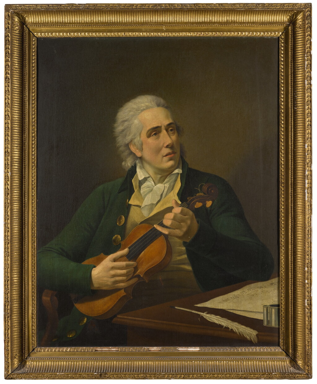 View full screen - View 1 of Lot 40. CIRCLE OF FRANCOIS-XAVIER FABRE | Portrait of a gentleman, traditionally identified as Henry Swinburne (1743- 1803), three-quarter-length, seated at a table with a quill and musical manuscript, holding a violin.