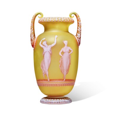 View full screen - View 1 of Lot 45. A Thomas Webb & Sons Three-Color Gem Cameo Large Two Handled Amphora Vase by George Woodall, Circa 1887.