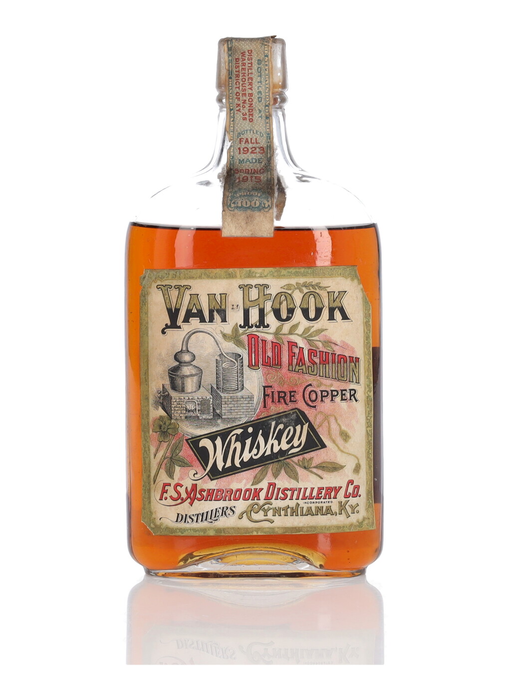 View full screen - View 1 of Lot 203. Van Hook Old Fashion Fire Copper Whiskey 100 Proof 1915 (1 Bottle Pint).