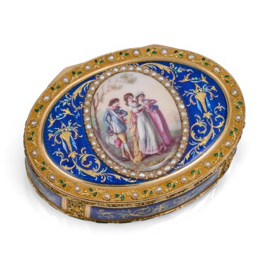 View full screen - View 1 of Lot 1121. A pearl-set gold and enamel snuff box, Geneva, circa 1785.