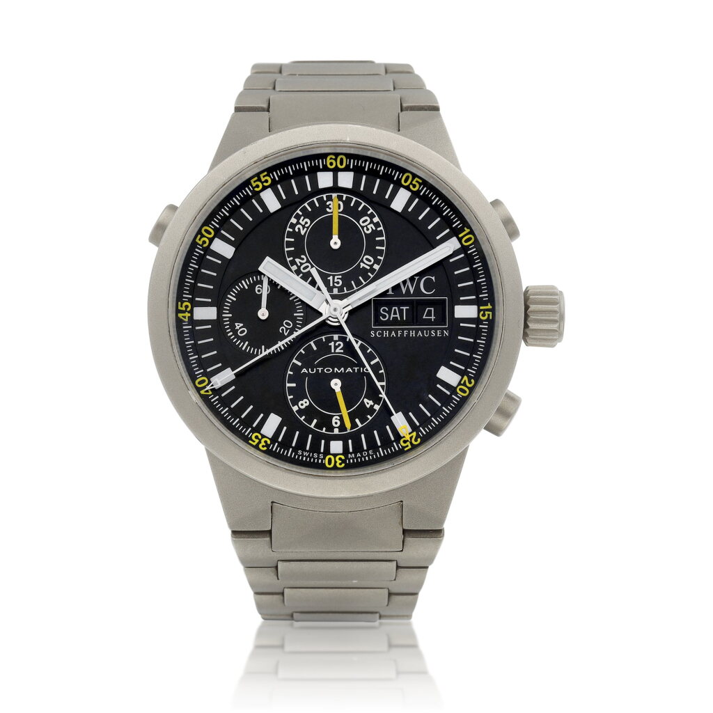 View full screen - View 1 of Lot 8682. GST Chrono Rattrapante, Reference 3715 | A titanium split seconds chronograph wristwatch with day, date and bracelet, Circa 2000 | 萬國 | GST Chrono Rattrapante 型號3715 | 鈦金屬追針計時鏈帶腕錶,備日期及星期顯示,約2000年製.