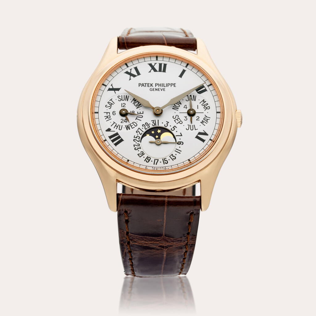View full screen - View 1 of Lot 332. Reference 3940R | A pink gold automatic perpetual calendar wristwatch with moon phases, leap year, and 24 hour indication, Circa 1990.
