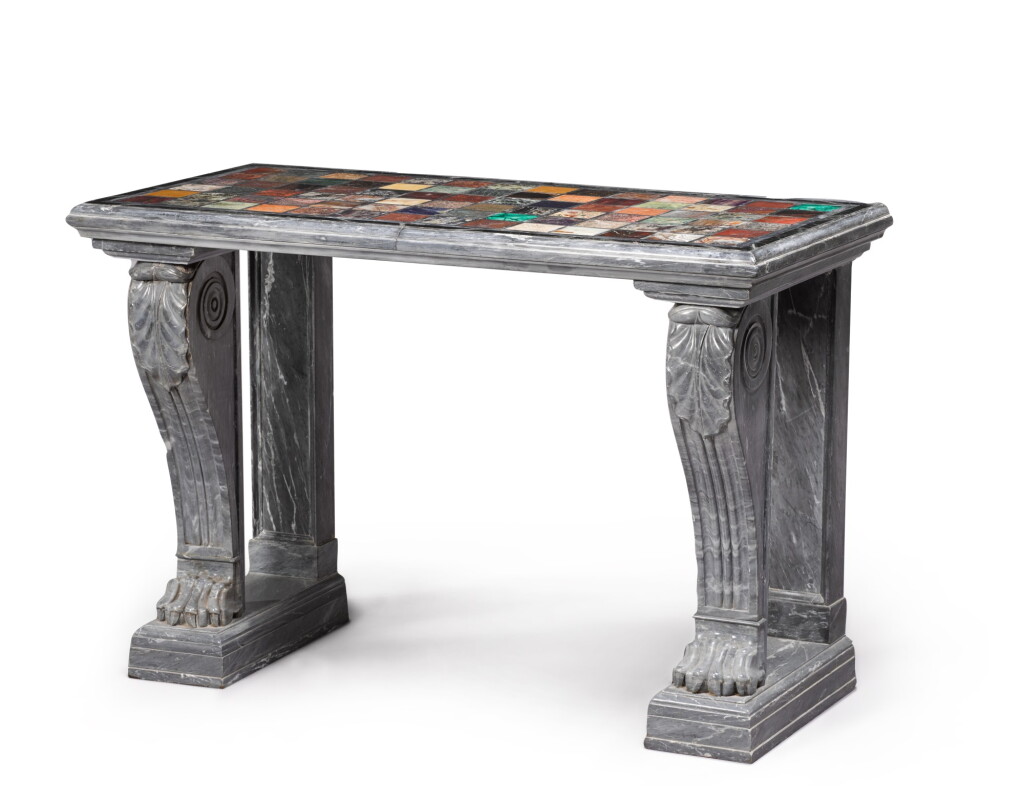 View full screen - View 1 of Lot 45. A William IV grey marble console table with a specimen marble top, circa 1830.