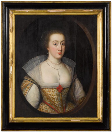 View full screen - View 1 of Lot 13. Portrait of a lady, half-length, wearing a white and gold embroidered dress, said to be Lucy (1580-1627), daughter of Lord Harrington of Exeter and wife of the Earl of Bedford.