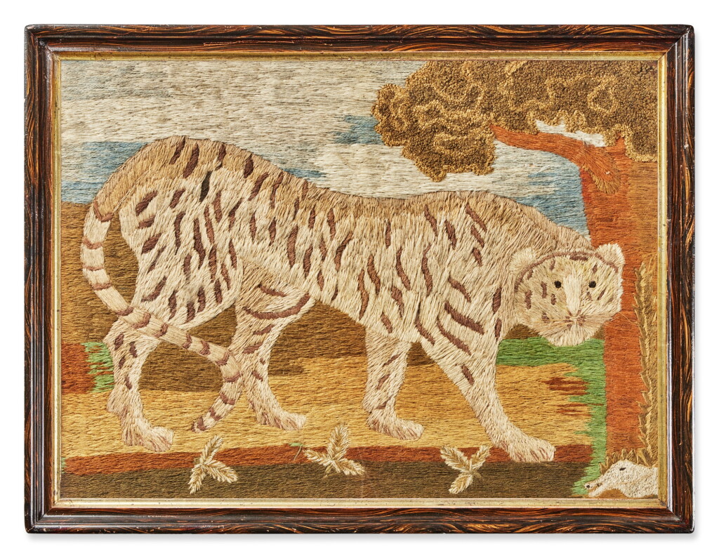 View full screen - View 1 of Lot 23. A Pair of Regency Needlework Pictures of a Lion and a Tiger, Circa 1820.