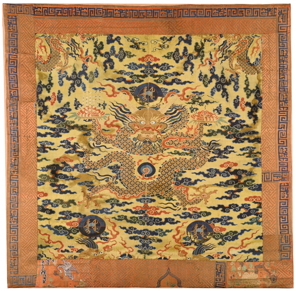 View full screen - View 1 of Lot 28. A KESI SILK 'DRAGON' PANEL, QING DYNASTY, SHUNZHI PERIOD | 清順治 黃地緙絲雲龍戲珠墊面.