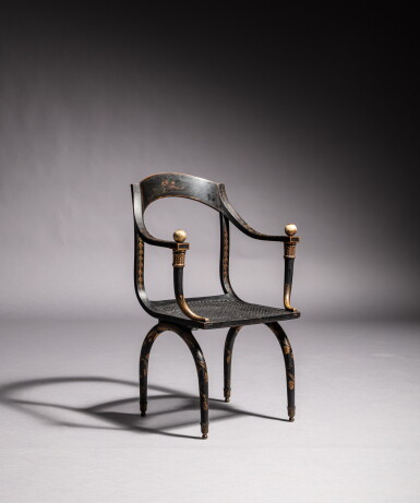 View full screen - View 1 of Lot 457. A gilt and painted wood armchair, early 19th century, stamped by Jean-Joseph Chapuis | Fauteuil en bois peint et doré, début du XIXe siècle,estampille de Jean-Joseph Chapuis.