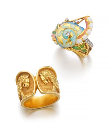 View full screen - View 1 of Lot 38. ENAMEL AND DIAMOND RING AND A GOLD RING | MASRIERA .