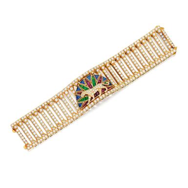 View full screen - View 1 of Lot 91. Cartier | Gold, Colored Stone and Diamond 'Panthère' Bracelet, France.