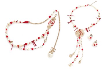 View full screen - View 1 of Lot 171. CHANEL | SHELL AND FAUX CORAL NECKLACE, PAIR OF EARRINGS AND BELT .