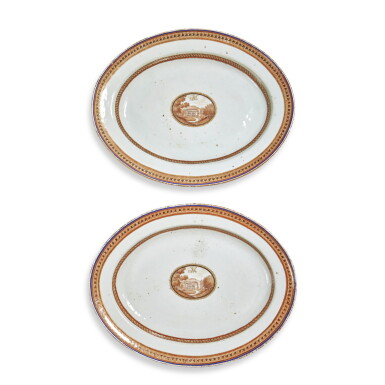 View full screen - View 1 of Lot 917. A Rare Pair of Chinese Export Initialed 'Stagg Family' Oval Platters Qing Dynasty, Jiaqing Period, 1800-02.