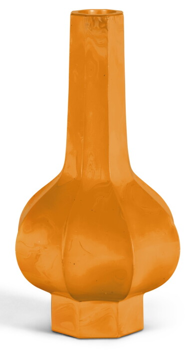 View full screen - View 1 of Lot 124. AN OCTAGONAL REALGAR GLASS VASE QIANLONG MARK AND PERIOD | 清乾隆 仿雄黃料八棱長頸瓶 《乾隆年製》款.