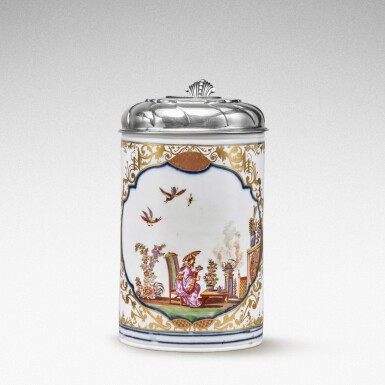 View full screen - View 1 of Lot 62. A very rare Meissen dated trompe l'oeil tankard with silver mounts, Dated 1726, the mounts Dresden, Circa 1750 .