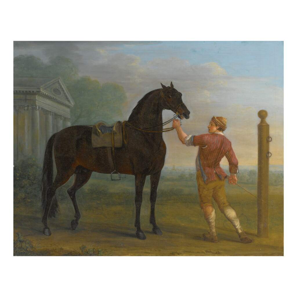 View full screen - View 1 of Lot 152. JOHN WOOTTON | A DARK BAY STALLION, POSSIBLY THE BYERLEY TURK, HELD BY A GROOM IN A LANDSCAPE.