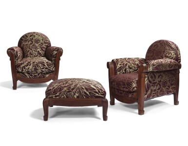 View full screen - View 1 of Lot 348. Pair of armchairs and an ottoman, circa 1925.