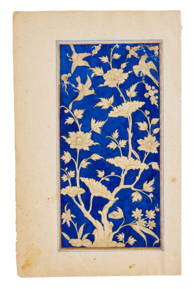 View full screen - View 1 of Lot 652. A Double-Sided Illuminated Leaf: Birds Flying around a Tree, Persia or India, 17th Century.