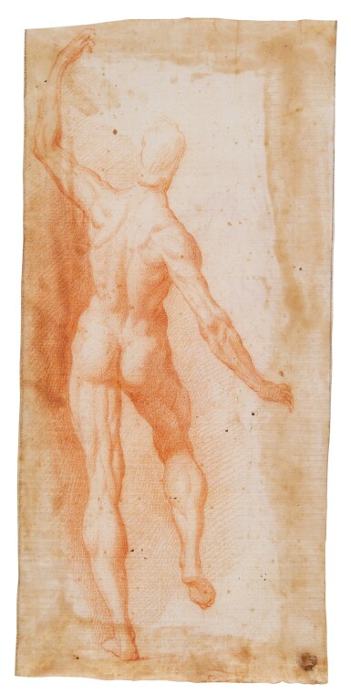View full screen - View 1 of Lot 85. Recto: Study of a male nude, seen from behind, his left arm raised Verso: Study of Saint John the Baptist with his lamb.