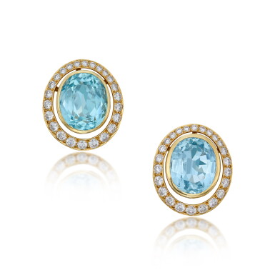 View full screen - View 1 of Lot 471. Pair of Gold, Aquamarine and Diamond Earclips.