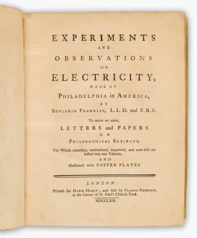 View full screen - View 1 of Lot 105. Benjamin Franklin | Presentation copy of the first complete Experiments and Observations on Electricity.