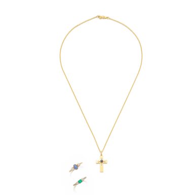 View full screen - View 1 of Lot 1104. Gold, sapphire and diamond pendant, circa 1929 and two gold, gem set and diamond rings.