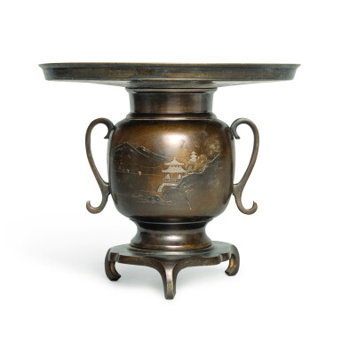 View full screen - View 1 of Lot 771. A Japanese bronze 'landscape' usubata ikebana vase, Meiji period | 明治時代 銅山水樓閣圖花器.