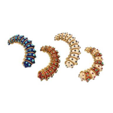 View full screen - View 1 of Lot 228. Four Enamel, Diamond and Gem-Set Clip-Brooches, France.
