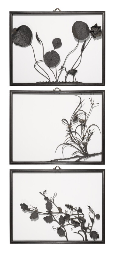 View full screen - View 1 of Lot 94. Three 'tiehua' panels, Qing dynasty | 清 鑄鐵挂屏一組三件.