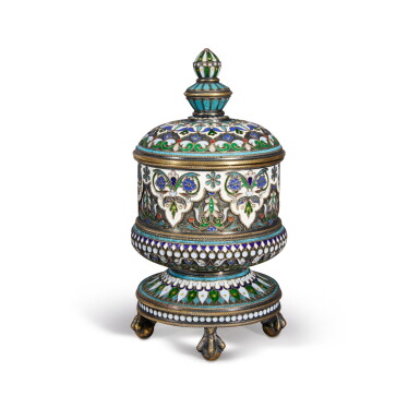 View full screen - View 1 of Lot 89. A silver-gilt and cloisonné enamel covered cup, Ovchinnikov, Moscow, circa 1890.