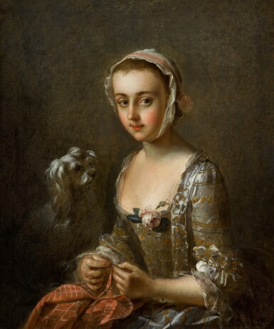 View full screen - View 1 of Lot 507. Portrait of a girl sewing with her dog alongside.