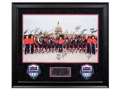 View full screen - View 1 of Lot 92. 2012 Olympic Team U.S.A Men's National Basketball Team Signed and Framed to 31x28" Team Photo with 17 Signatures Including LeBron James, Kobe Bryant, and Kevin Durant (PSA/DNA).