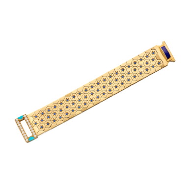View full screen - View 1 of Lot 140. Van Cleef & Arpels | Gold, Sapphire, Lapis Lazuli, Turquoise and Diamond 'Ludo Hexagone' Bracelet, France 梵克雅寶 黃金鑲藍寶石、青金石、綠松石及鑽石「Ludo Hexagone」手鏈,法國.