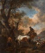 Landscape near the edge of a wood with peasants resting and watering their horse