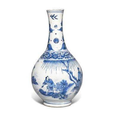View full screen - View 1 of Lot 678. A blue and white 'figural' bottle vase, Ming dynasty, Chongzhen period | 明崇禎 青花人物故事圖長頸瓶.