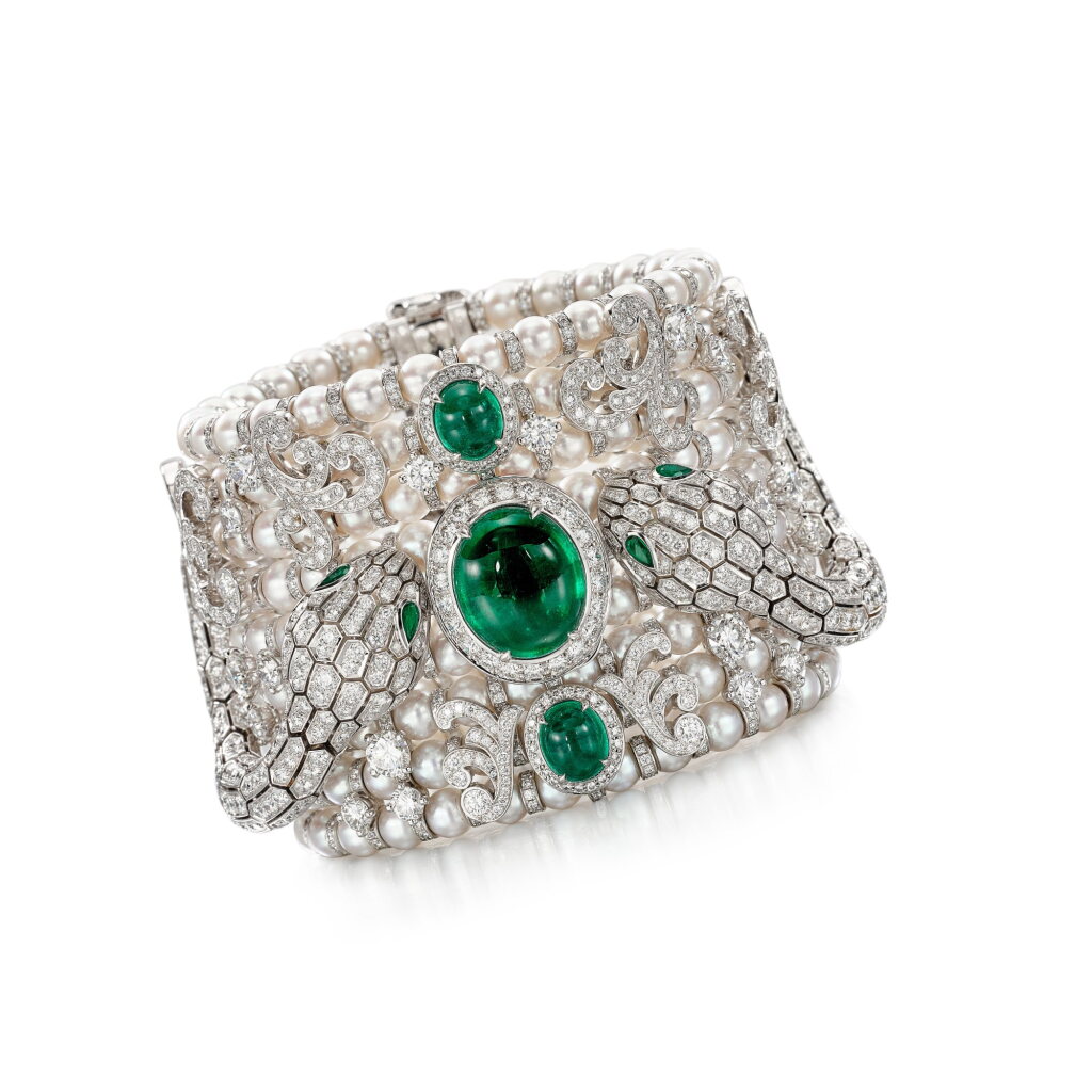 View full screen - View 1 of Lot 1935. 'Serpenti Misteriosi' Cultured Pearl, Emerald and Diamond Bracelet-Watch | 寶格麗 | 'Serpenti Misteriosi' 養殖珍珠 配 祖母綠 及 鑽石 腕錶.